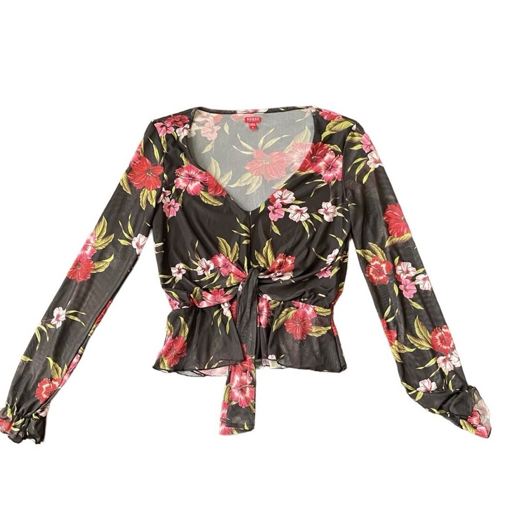 NWOT Guess Women's Black Floral Long Sleeve Mesh Top Blouse